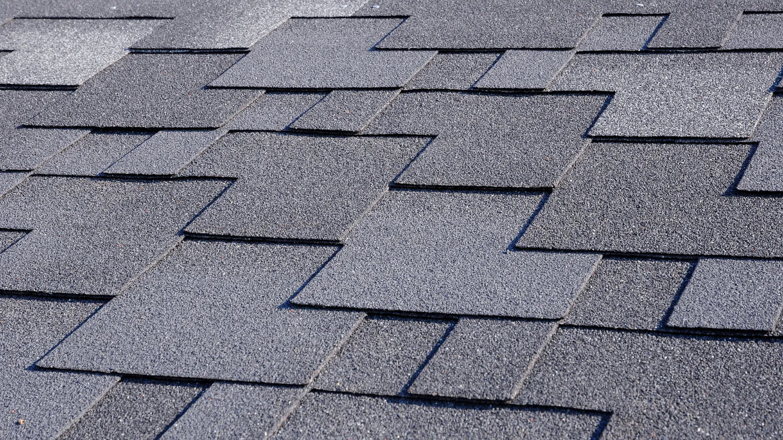 Sunlit close-up of layered gray asphalt shingle tabs